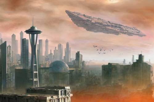 Andys page stable diffusion spaceship over postapocalyptic seattle