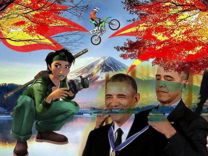 Collage Fuji Jade dirt bike Obama meme fire