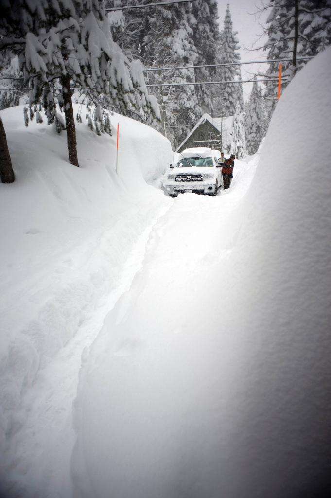 Tahoe cabin truck fresh snow
