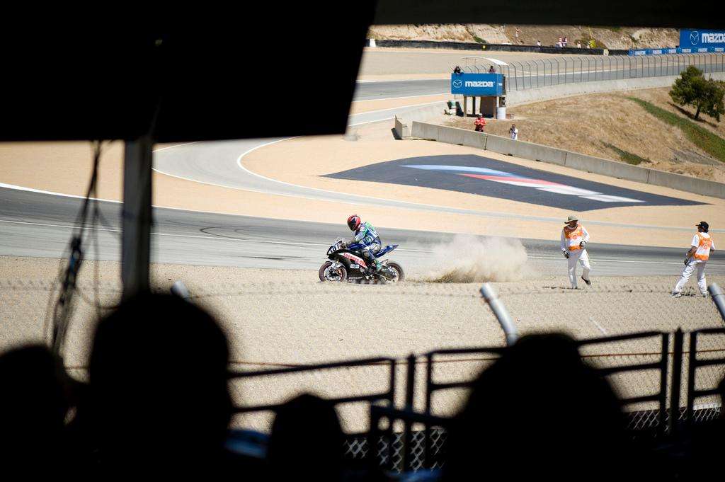 2011 MotoGP Grand Prix Laguna Seca turn 2 kicking gravel