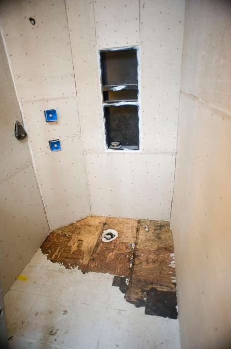 Bathroom retrofit fiberglass linoleum tiling