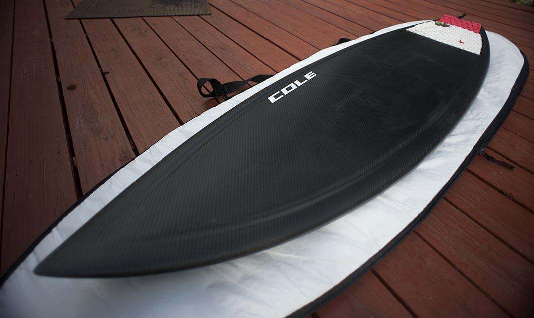 Cole Aviso carbon fiber surfboard California flag stomp pad