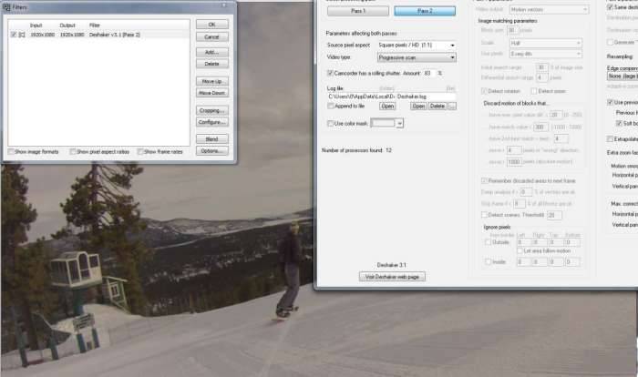 Image stabilization VirtualDub skiing snowboarding postprocessing
