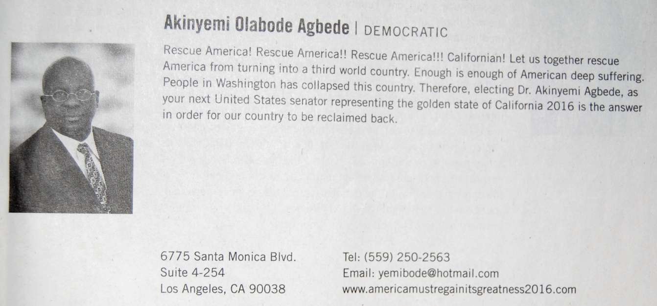 California poltiics Akinyemi Olabode Agbede voter information rescue america exclamation