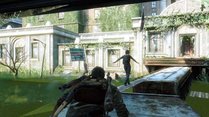The Last Of Us Joel Ellie screenshot flood plank