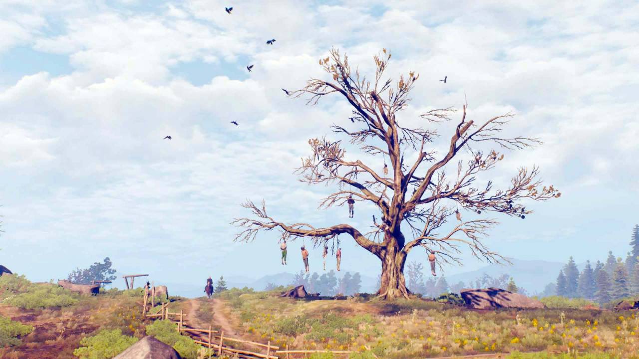 The Witcher 3 road people hung from tree vultures