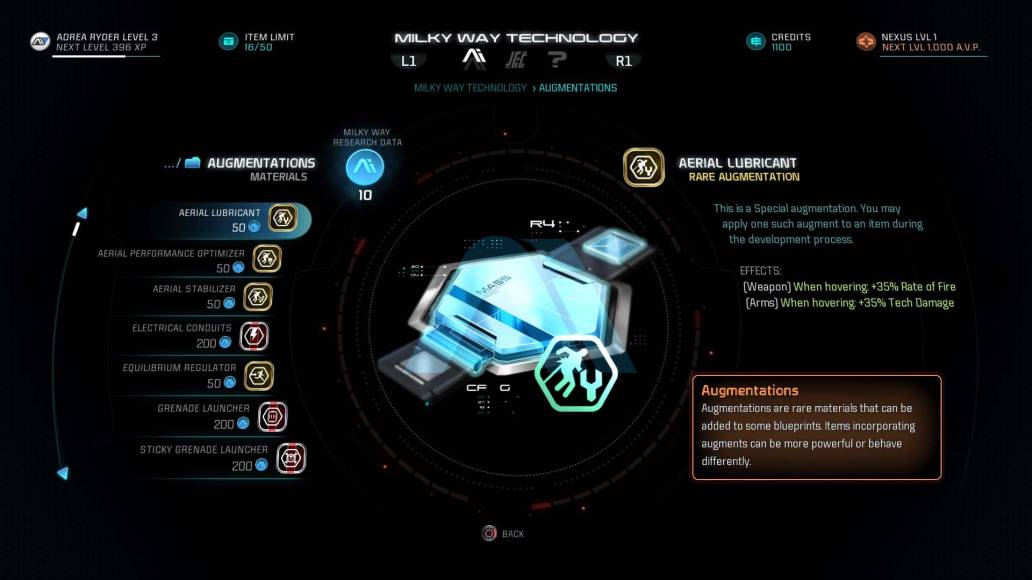 Mass Effect Andromeda Augmentations menu