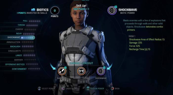 Mass Effect Andromeda screenshot level up biotics loadout