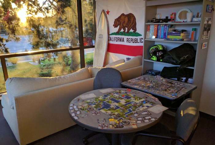 Office work board game Civilization surfboard California flag