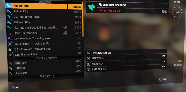 Dying Light inventory Police Rifle Upgrades menu