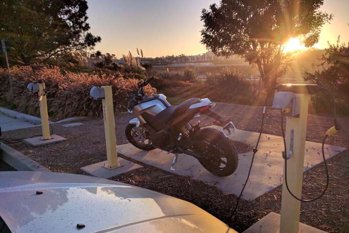 Motorcycle Zero S charging station parking sunset