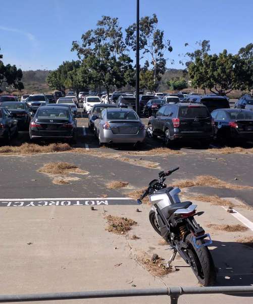 Motorcycle Zero S parking lot Santa Ana winds pine needles