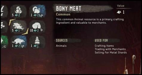 Horizon Zero Dawn menu crafting items bony meat