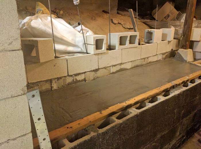Murder room concrete pour cinder blocks renovation shelving storage