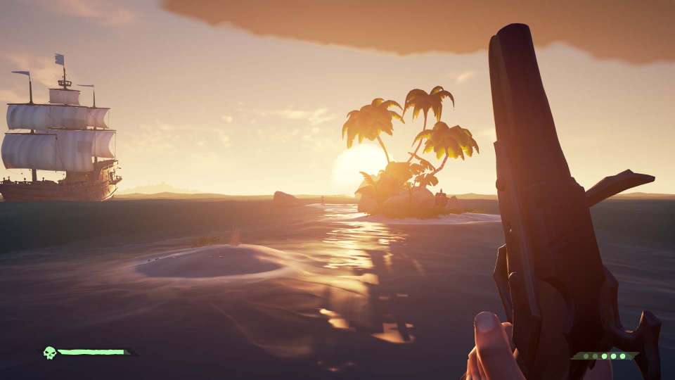 Sea of Thieves screenshot ship pistol cay sunset