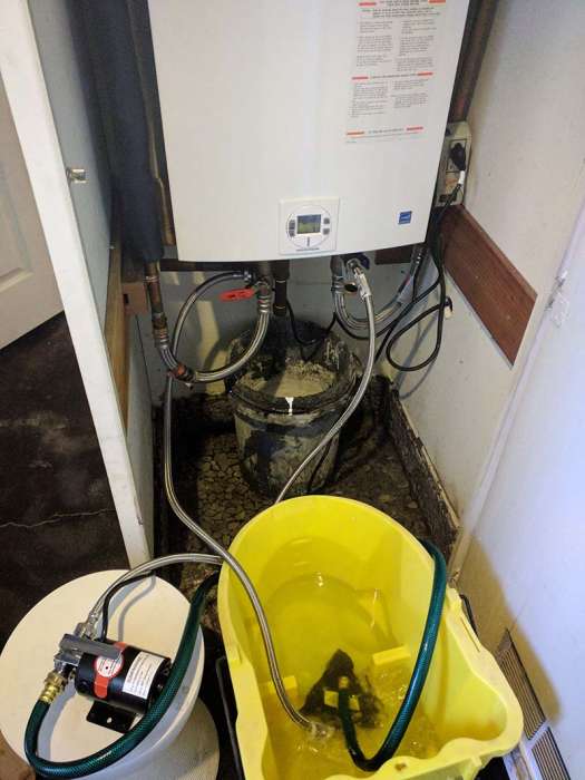 Descaling tankless water heater pump bucket valves