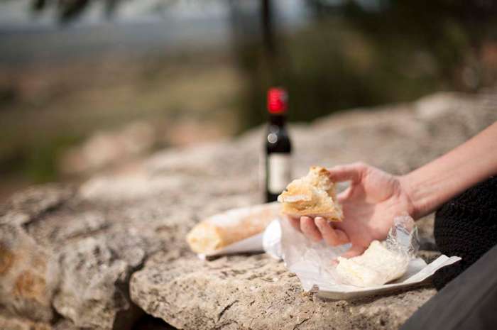 Picnic lunch Gigondas cheese baguette wine