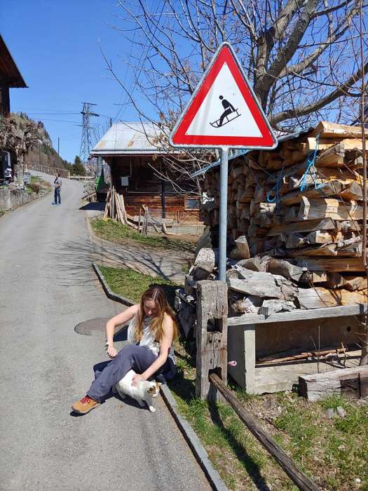Swiss alps Gimmelwald sledding sign cat