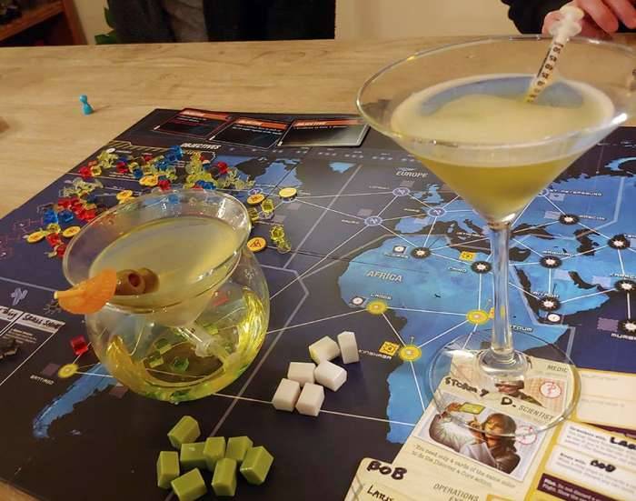 Pandemic Legacy covid quarantini novelty drink syringe olive board game