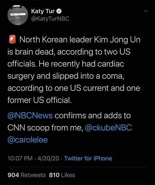 Kim Jong Un reported dead tweet Katy Tur April 20