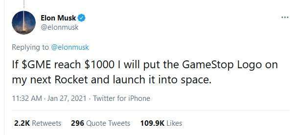 Gamestop GME Elon Musk tweet If GME reach 1000 I will put the GameStop Logo on my next Rocket