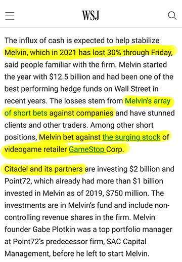 Wall Street Journal Melvin article Gamestop Citadel