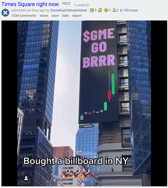 Reddit WallStreetBets GME Times Square billboard GME go brrr SomeGuyInDeutschland