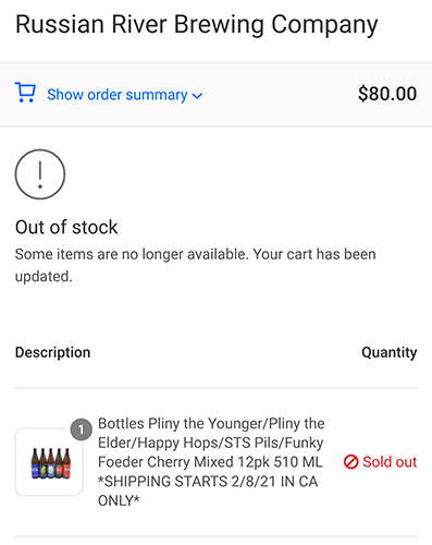 Russian River Pliny the Younger sale sold out web site
