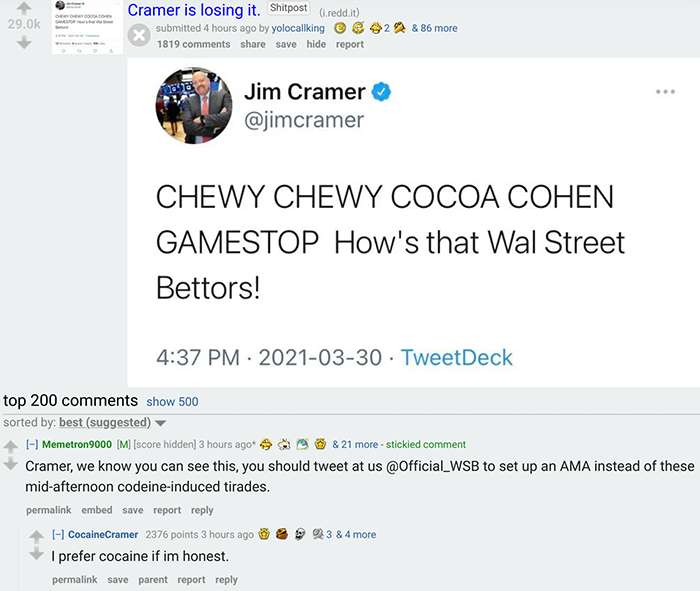 Reddit WallStreetBets Jim Cramer chewy chewy cocoa Cohen tweet