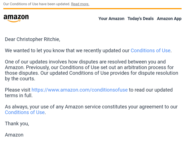 Amazon email end of binding arbitration