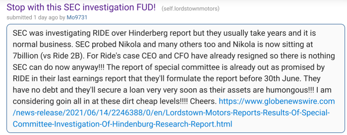 Reddit Lordstown Motors SEC investigation astroturfing fanboyism