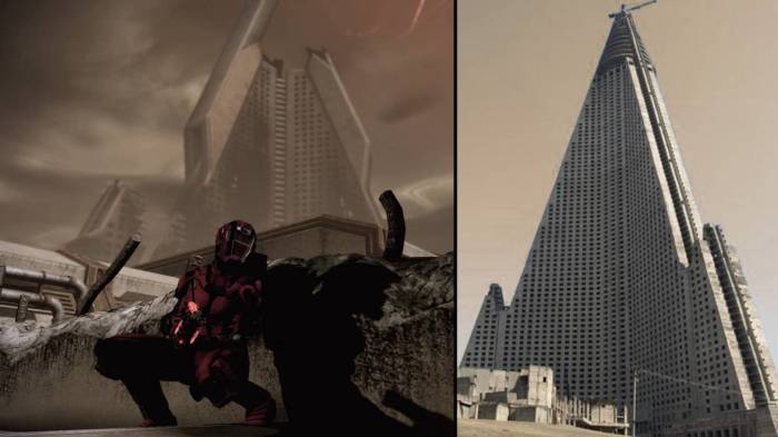 Mass Effect 2 Legendary Edition ruins Ryugyong hotel North Korea comparison pyramid Tuchanka