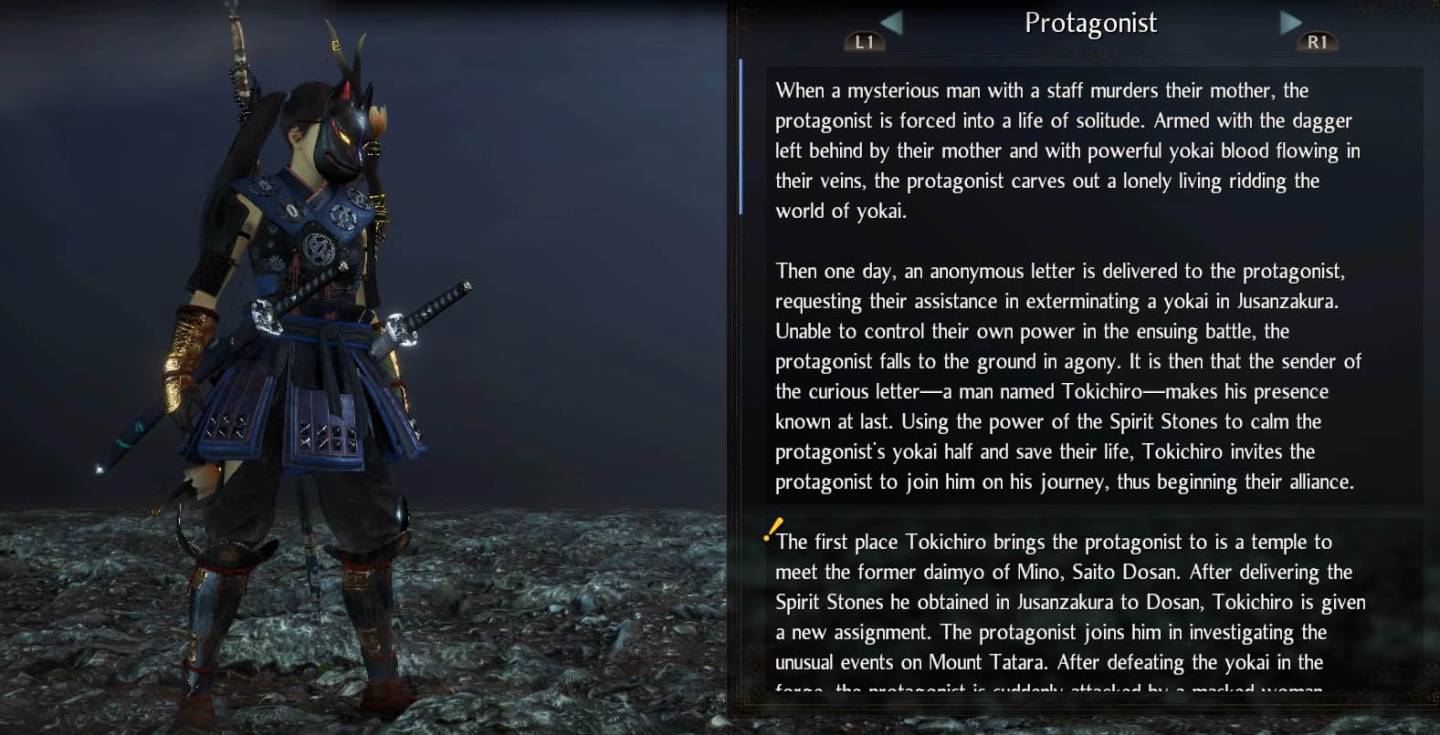 Nioh 2 protagonist info sheet lore fox mask