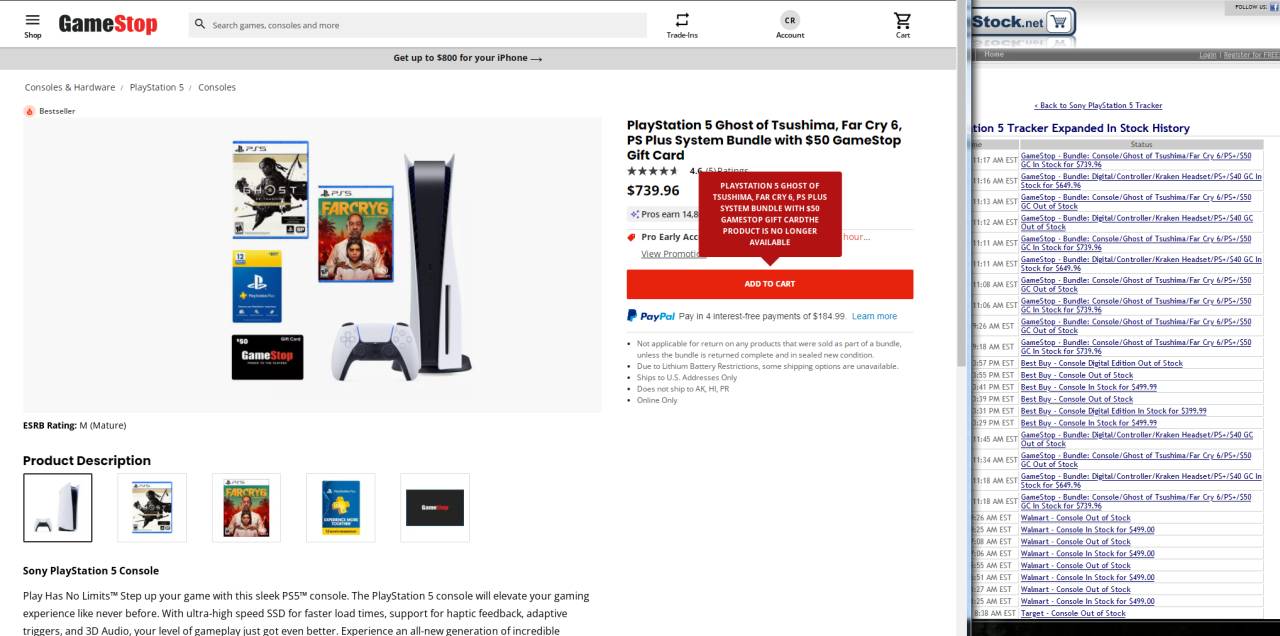 GameStop Playstation 5 product is no longer available