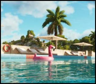 Far Cry 6 mansion pool flamingos