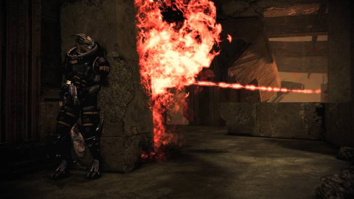 Mass Effect 3 Legendary Omega DLC Garrus in cover flamethrower