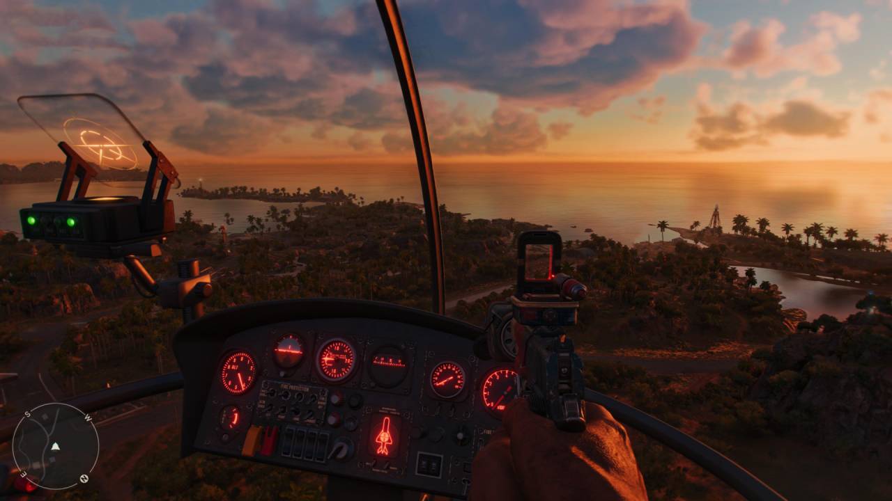 Far Cry 6 helicopter sunset view pistol