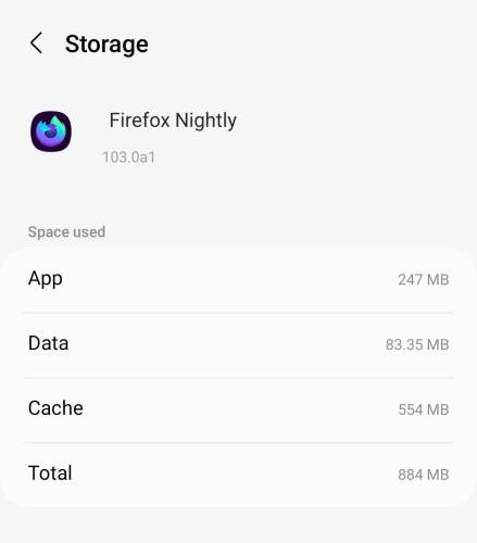 Android app storage Firefox Nightly
