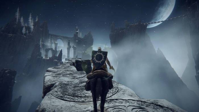 Elden Ring Giants Mountaintop bridge riding moon night