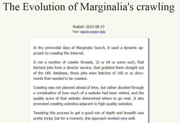 Marginalia crawling web post blog