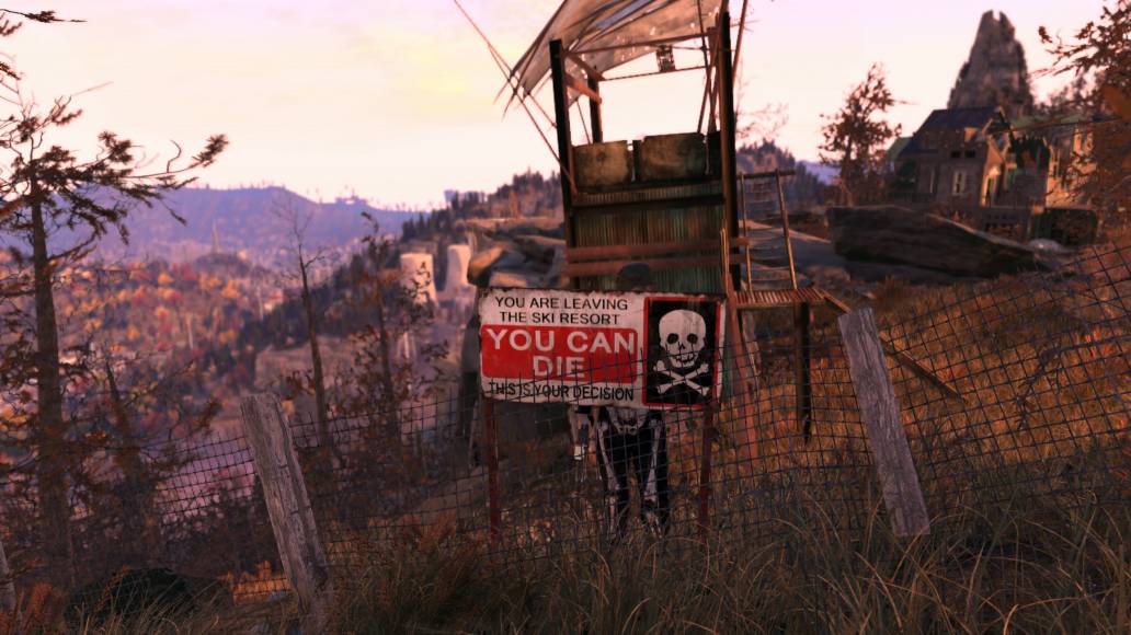 Fallout 76 ski resort you can die boundary fence sign