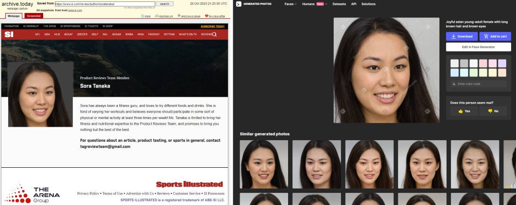 Sports Illustrated Reviews AI author Sora Tanaka comparison generated photos site