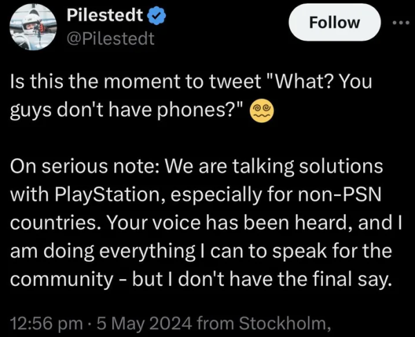 Helldivers 2 Pilestedt tweet PSN