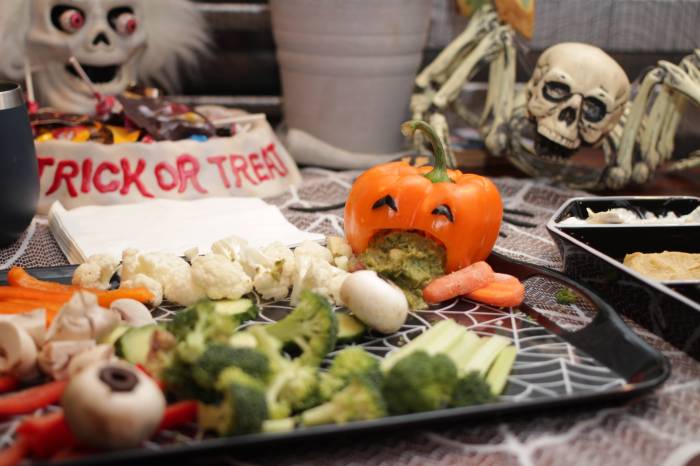 Halloween vegetable platter barfing pumpkin