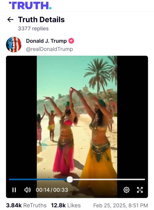 Truth social Donald Trump Gaza bearded belly dancers on beach