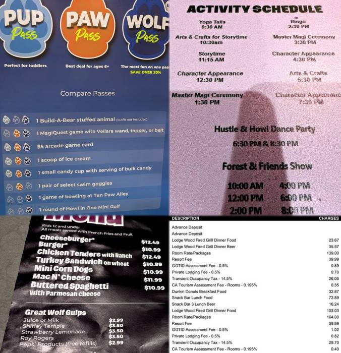 Great Wolf Lodge Anaheim Garden Grove info menu activities fees invoice