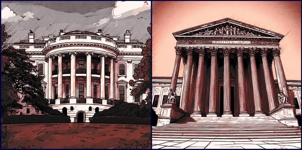 White House Supreme Court building AI cartoon image
