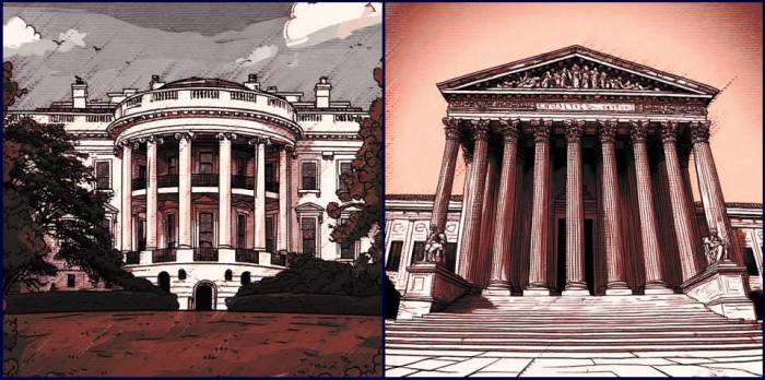 White House Supreme Court building AI cartoon image