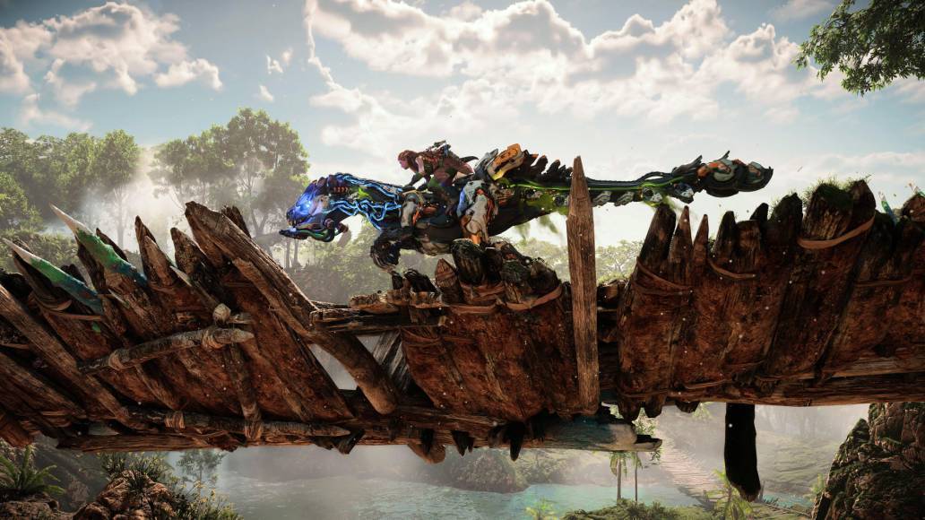 Horizon Forbidden West clawstrider mount on bridge