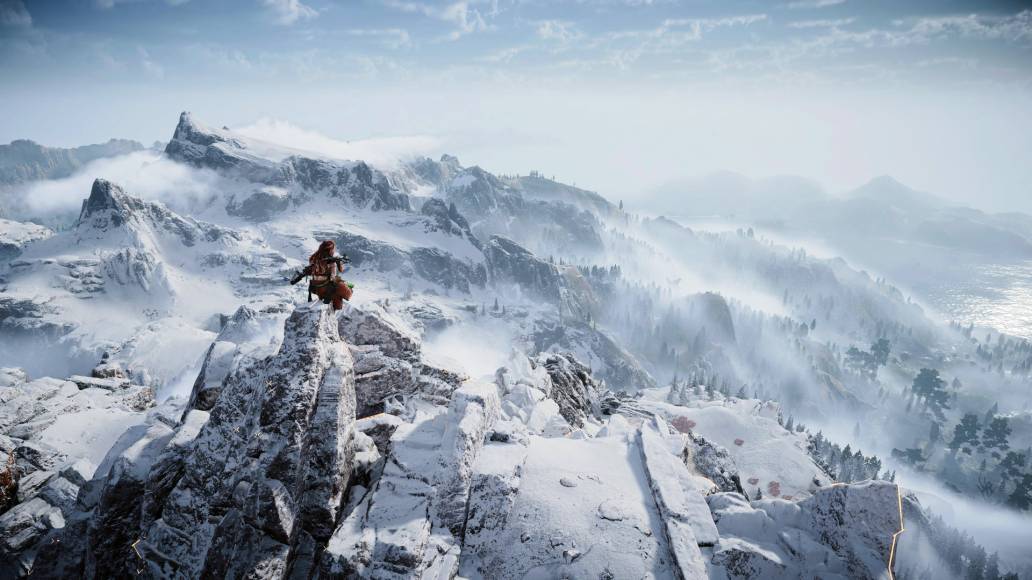 Horizon Forbidden West mountaintop view Sierra Nevada mountains